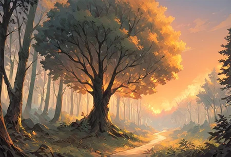 score_9, score_8_up, score_7_up, score_6_up, lanscape, very Peaceful, forest, large and tall trees, giant forest, sunset central focus is an ancient old oak tree