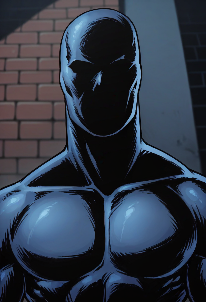 score_9, score_8_up, score_7_up, score_6_up, score_5_up, score_4_up, <lora:BlackNoir:0.7> solo, faceless, bodysuit, muscular, upper body, view from above, blue theme, 
alley background, brick wall, blurry background,
