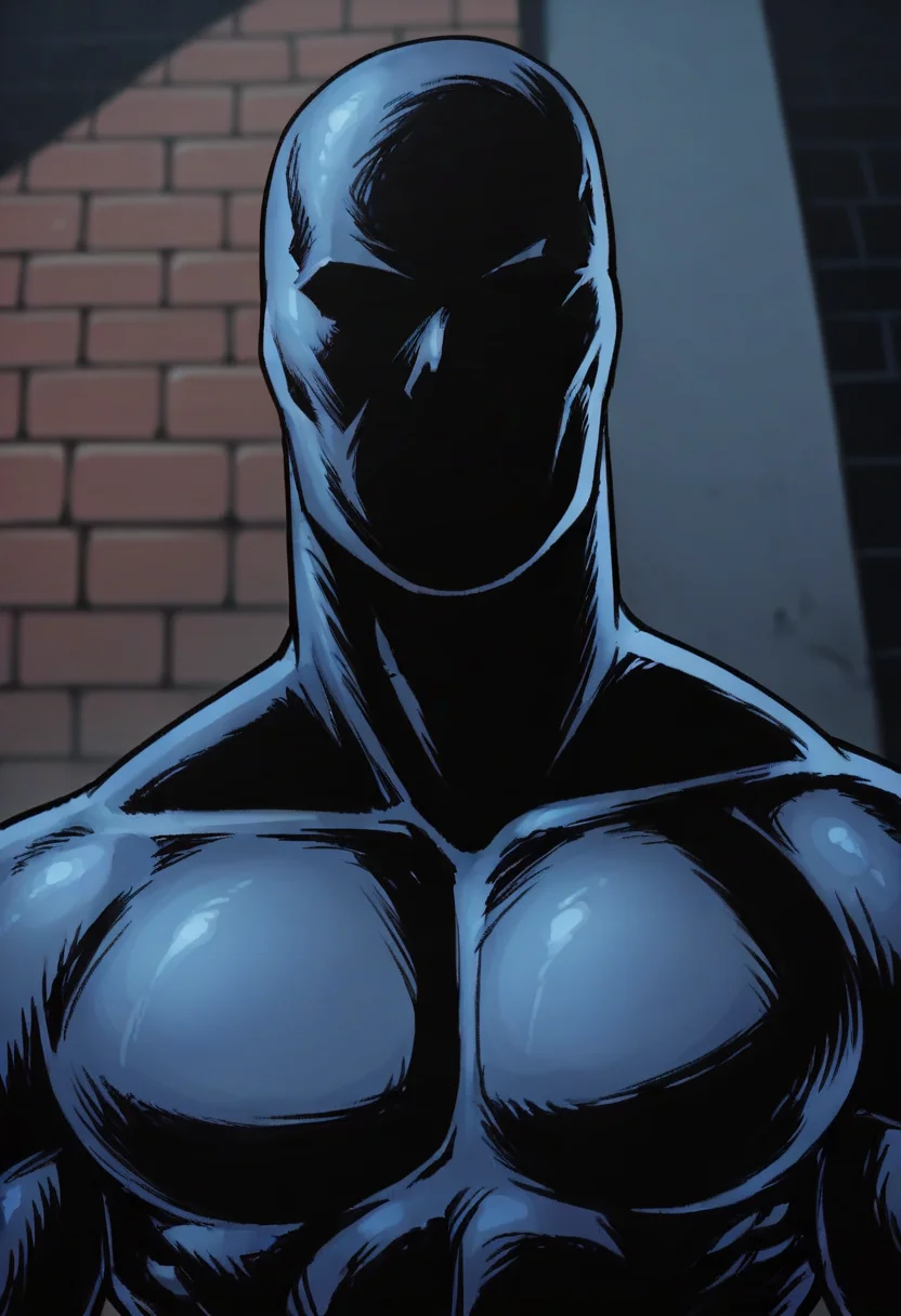 score_9, score_8_up, score_7_up, score_6_up, score_5_up, score_4_up, <lora:BlackNoir:0.7> solo, faceless, bodysuit, muscular, upper body, view from above, blue theme,
alley background, brick wall, blurry background,