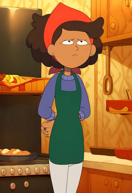 score_9, score_8_up, score_7_up, 1girl, mrs boonchuy, solo, brown hair, short hair, sweater, green apron, red bandana, ring, pants, hands behind back, kitchen