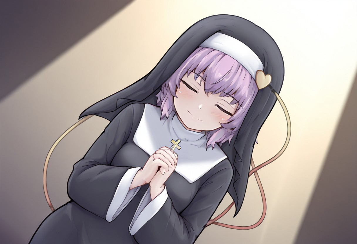 best quality, hires, dutch angle,
1girl, solo, 
komeiji satori, 
alternate costume, nun, 
own hands together,
praying, closed eyes,
spotlight, 
blush, smile,