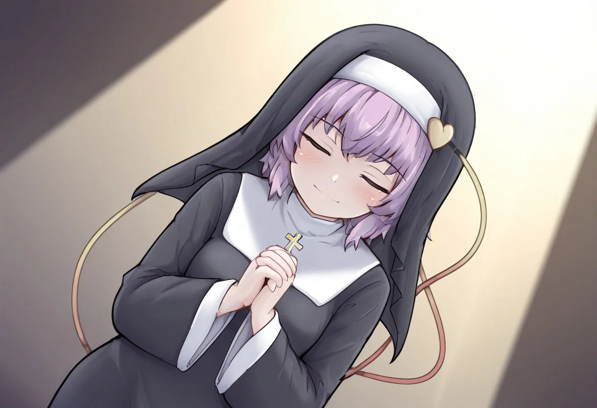 best quality, hires, dutch angle,
1girl, solo,
komeiji satori,
alternate costume, nun,
own hands together,
praying, closed eyes,
spotlight,
blush, smile,
