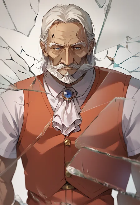 score_9, score_8_up, score_7_up, source_anime, RegalBuisnessman, old man, mustache, beard, medium hair, straight hair, ascot, white shirt, short sleeves, red vest, red pants, black gloves, <lora:ChamRegalBuisnessmanPonyXL:1>, <lora:BreakingGlassXLPDCAME:1> IncrsXLBrknGls, broken glass, reflection, upper body