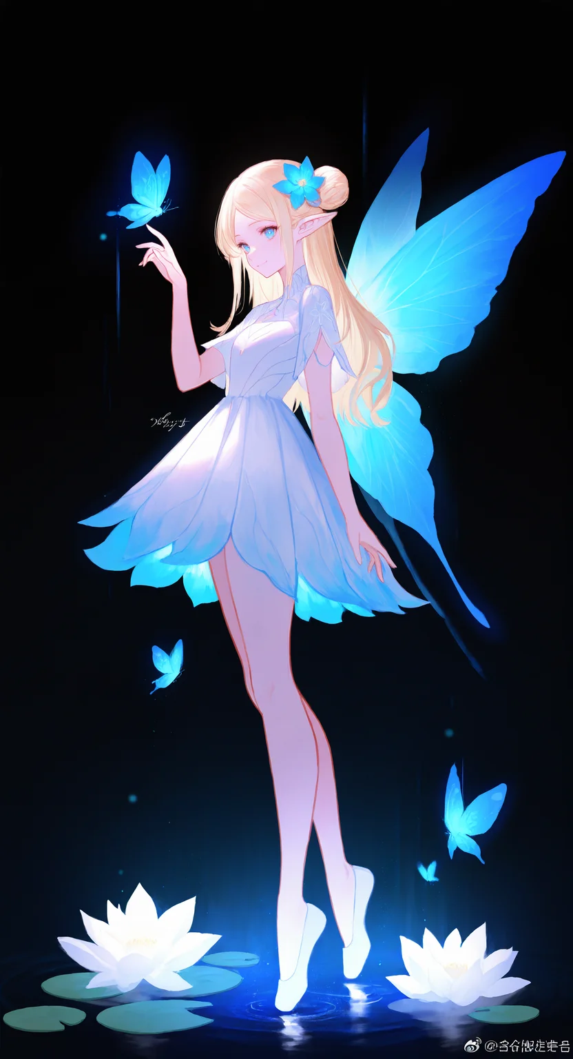 masterpiece, best quality, good quality, very aesthetic, absurdres, newest,1girl, solo, long_hair, looking_at_viewer, smile, blue_eyes, blonde_hair, hair_ornament, dress, closed_mouth, standing, full_body, white_hair, flower, short_sleeves, wings, pointy_ears, hand_up, hair_flower, white_dress, hair_bun, water, high_heels, parted_bangs, bare_legs, blue_dress, white_footwear, white_flower, single_hair_bun, black_background, bug, head_wings, butterfly, light_particles, blue_flower, fairy_wings, fairy, tiptoes, dark_background, ripples, insect_wings, blue_butterfly, butterfly_wings, wing_hair_ornament, lily_pad, lotus, butterfly_on_hand, ballet_slippers, glowing_butterfly <lora:ponyv5_noobV065S_1_adamW-000013:0.7> <lora:USNR_STYLE_XL_lokr:0.45> <lora:EtherSDXL:0.15>