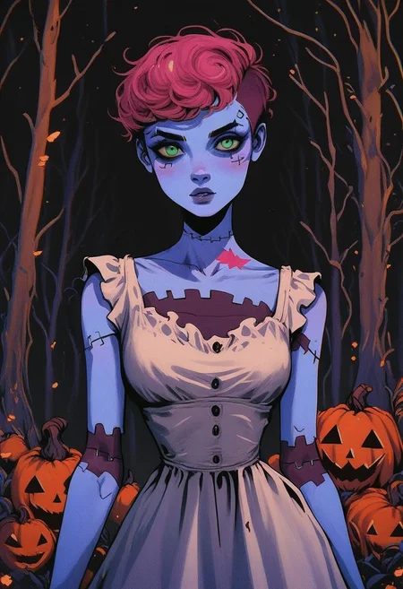 score_9, score_8_up, score_7_up, score_6_up, hllwn, halloween, vintage, 1girl, pink hair, short pixie hair, green eyes, stitches, sundress, patchwork clothes, narrow waist, colored skin, blue skin, halloween, pumpkins, dark forest, portrait