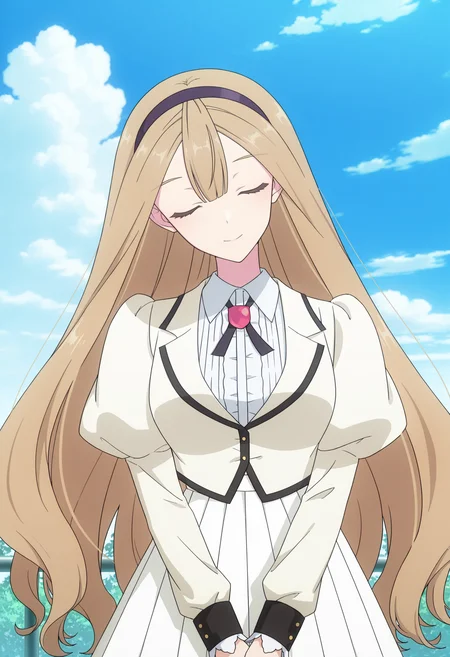 <lora:Yukari Fujimurasaki_illustrious (34):1>,
Yukari Fujimurasaki,solo,hairband,sky,outdoors,cloud,day,puffy sleeves,very long hair,long sleeves,blue sky,school uniform,closed mouth,skirt,juliet sleeves,jacket,shirt,white skirt,upper body,white shirt,closed eyes,head tilt,front view,smile,