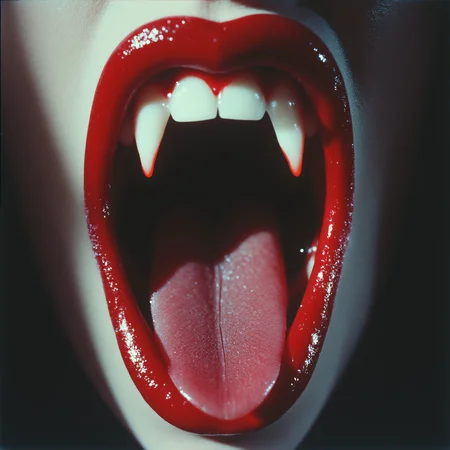 ArsMovieStill, movie still from a 1970s horror movie, The image is a close-up of a person's mouth showing their teeth and tongue. The mouth is open wide with the teeth slightly crooked and the tongue sticking out. The teeth appear to be sharp and pointed with a glossy red color. The person's lips are slightly parted and their tongue is slightly curled. The background is dark making the mouth and teeth the focal point of the image. The image is in black and white giving it a dramatic and eerie feel., teeth, open mouth, tongue, solo, realistic, close-up, sharp teeth, fangs, horror (theme), tongue out