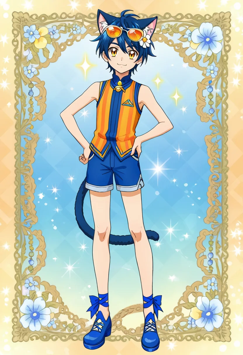 <lora:Precure:0.8> preicon, 1boy, animal ears, cat ears, cat tail, tail, blue hair, solo, eyewear on head, flower, leg ribbon, shorts, blue shorts, smile, hand on hip, looking at viewer, full body, hair ornament, animal ear fluff, tinted eyewear, hair flower, cat boy, sleeveless, orange eyes, closed mouth, standing, ribbon, blue footwear, yellow eyes, blue theme, sparkle,