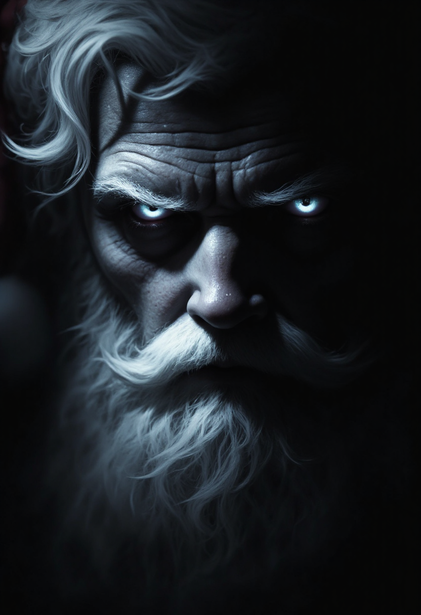 A santa claus in a dramatic, chiaroscuro-style. One side of his face is dimly lit while the other half is obscured in deep dark shadow. His expression is dark and mysterious with mystifying eyes seeming to hold untold secrets.