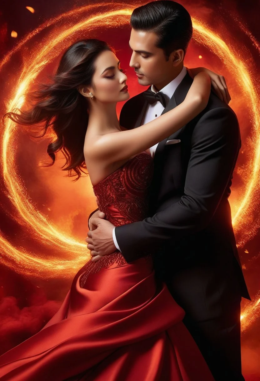 Valentine's Day, A ravishing couple, lost in ardent passion, entwined in a fiery, ethereal realm. The man, clad in a tailored, black suit, wraps his arms around the woman's slender waist, his eyes burning with desire as they lock onto hers. The woman, a vision in crimson, wears a breathtaking, strapless red gown with a daring, low-cut neckline, her beauty radiating like a fierce flame. The background erupts in a kaleidoscope of scarlet and amber hues, a swirling vortex of warm, golden light that shrouds the couple, intensifying their all-consuming passion. The atmosphere is alive with an otherworldly energy, as if the very air is charged with an electric, sensual tension, reminiscent of Thomas Kinkade's warm, inviting light, yet infused with a hyperdetailed, misty softness, evoking the dreamlike quality of fantasy., with high detail in textures and lighting