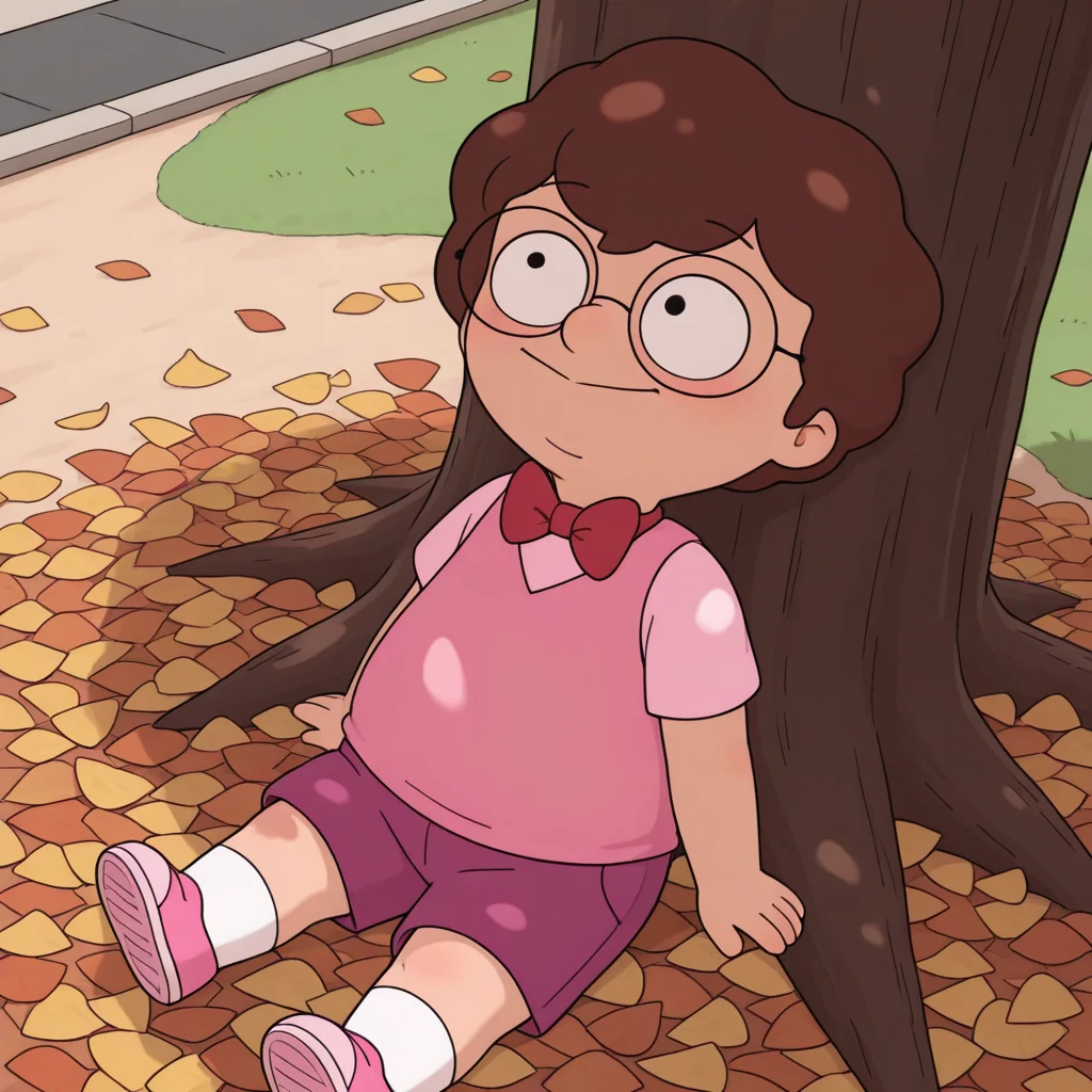 toon \(style\), BREAK  ((masterpiece, colorful, detailed background, absurdres, amazing quality)), <lora:mrfrond-v5:0.75> (bb-mfminor), hair_covered_eyes, 1boy, child, toddler, glasses, red bowtie, light-pink t-shirt, pink vest, pink-purple shorts, white socks, pink shoes, solo, under tree, dappled sunlight, falling leaf, sitting, from above, looking up,