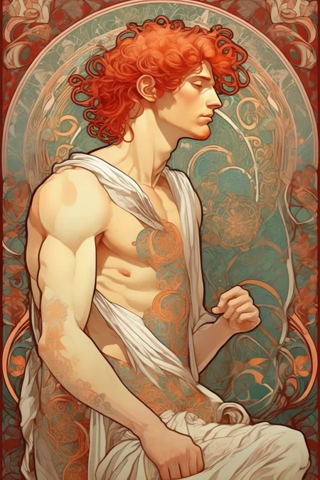 <lora:Alphonse Mucha Style:1>Alphonse Mucha Style - intricate art nouveau red haired man in toga with beautiful vector patterns