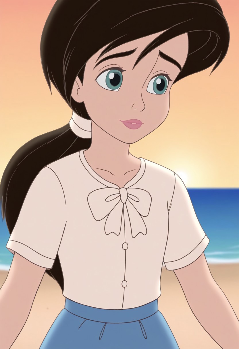 close up,melody,aqua eyes,thick eyebrowns,black hair,ponytail,pink lips,white hairband,arms down,white shirt,white bowtie,blue skirt,sea,yellow sunrise beach background