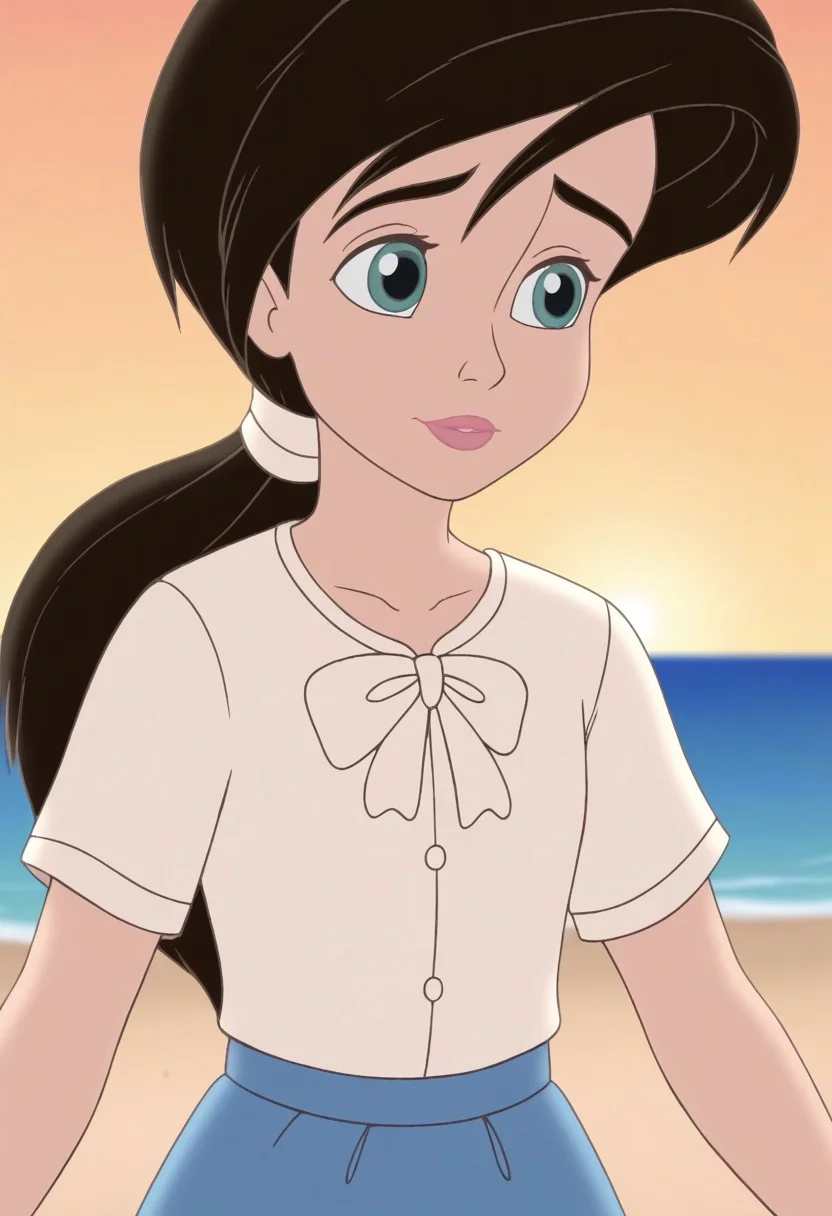 close up,melody,aqua eyes,thick eyebrowns,black hair,ponytail,pink lips,white hairband,arms down,white shirt,white bowtie,blue skirt,sea,yellow sunrise beach background
