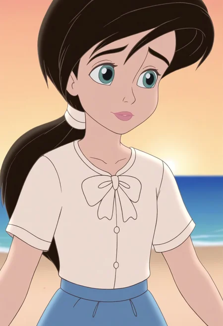 close up,melody,aqua eyes,thick eyebrowns,black hair,ponytail,pink lips,white hairband,arms down,white shirt,white bowtie,blue skirt,sea,yellow sunrise beach background