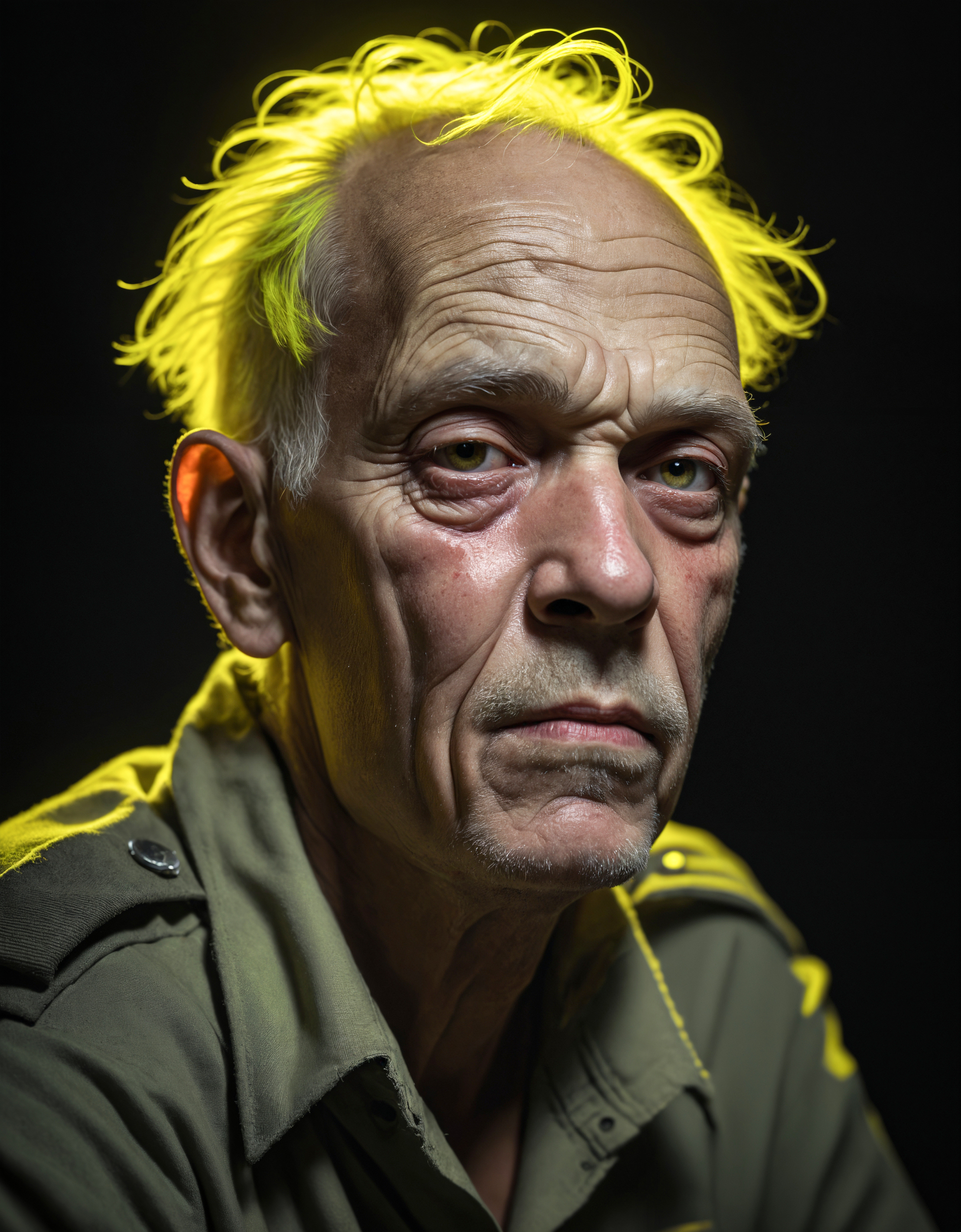 breathtaking close up portrait of 80yo Caribbean male World War II soldier at night 1945, Oblong face, neon yellow hair, sun wrinkles, masterpiece, award-winning, professional, highly detailed, Rembrandt lighting, low key lighting