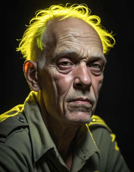 breathtaking close up portrait of 80yo Caribbean male World War II soldier at night 1945, Oblong face, neon yellow hair, sun wrinkles, masterpiece, award-winning, professional, highly detailed, Rembrandt lighting, low key lighting