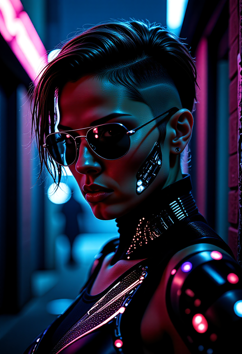 In a dangerous cyberpunk alley, emerges of a confident young woman with cybernetic augments and implants with a neon glow, mechanical_arms. Her face illuminated by the neon glow of the city. Her short undercut hair, with one side shaved, adds a bold edge to her appearance, while her terminator-style glasses reflect the vibrant cityscape. Showcasing intricate neon glowing cybernetic implants that merge seamlessly with her skin. Her expression, a mix of determination and intrigue, captures the essence of a woman navigating a world where technology and humanity intertwine. The atmospheric lighting and high level of detail, portrays a strong and independent individual, leaving viewers curious about her story in this futuristic urban environment.
, detailed photorealism style