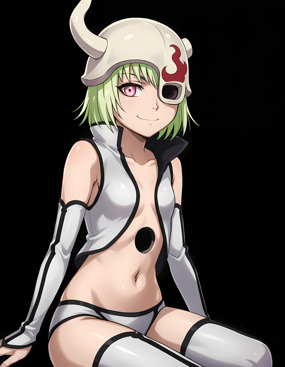 <lora:lilynette_gingerbuck :1>
lilynette_gingerbuck, short hair, green hair, pink eyes,
thighhighs, horned helmet, navel, detached sleeves, eyepatch,
sitting, smile, closed mouth
