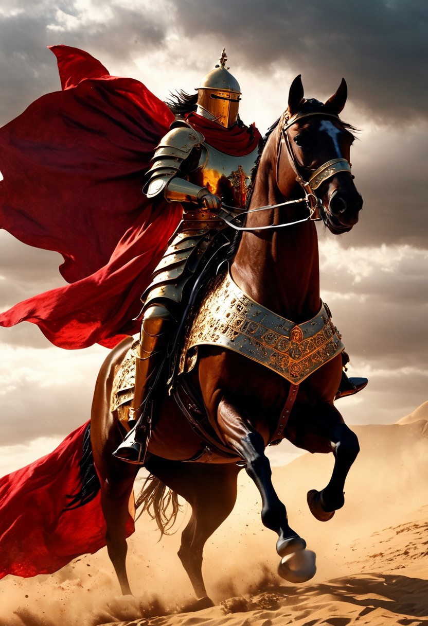 A formidable Byzantine Cataphract warrior, mounted on a heavily armored horse, charging into battle. The warrior is clad in ornate Byzantine armor, featuring intricate metal and scale plates with golden accents and Byzantine symbols. His helmet has a faceplate and a prominent crest, protecting his head, while his horse is covered in chainmail and plate armor, adorned with a crimson and gold barding. The Cataphract wields a long lance, pointed forward, and a large shield emblazoned with a Crusader cross in bold red. The warrior's cape flutters in the wind as he rides through a dusty battlefield, with knights and soldiers fighting in the distance. In the background, the silhouette of a Crusader castle stands under a stormy sky. The color palette combines rich reds, golds, and dark metallics, emphasizing the warrior’s strength, nobility, and the convergence of Byzantine and Crusader influences.
, moody light, by H.R Giger, 4k resolution digital art trending on Artstation and unreal engine 5, hyperrealism, full body shot, glowing eyes, cinematic, epic, masterpiece, surreal, fantasycore, hyperdetailed, ultra realistic, octane render, volumetric lighting, depth of field, bokeh, 8 <lora:Details:0.85>