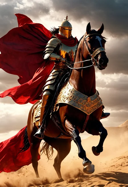A formidable Byzantine Cataphract warrior, mounted on a heavily armored horse, charging into battle. The warrior is clad in ornate Byzantine armor, featuring intricate metal and scale plates with golden accents and Byzantine symbols. His helmet has a faceplate and a prominent crest, protecting his head, while his horse is covered in chainmail and plate armor, adorned with a crimson and gold barding. The Cataphract wields a long lance, pointed forward, and a large shield emblazoned with a Crusader cross in bold red. The warrior's cape flutters in the wind as he rides through a dusty battlefield, with knights and soldiers fighting in the distance. In the background, the silhouette of a Crusader castle stands under a stormy sky. The color palette combines rich reds, golds, and dark metallics, emphasizing the warrior’s strength, nobility, and the convergence of Byzantine and Crusader influences.
, moody light, by H.R Giger, 4k resolution digital art trending on Artstation and unreal engine 5, hyperrealism, full body shot, glowing eyes, cinematic, epic, masterpiece, surreal, fantasycore, hyperdetailed, ultra realistic, octane render, volumetric lighting, depth of field, bokeh, 8 <lora:Details:0.85>