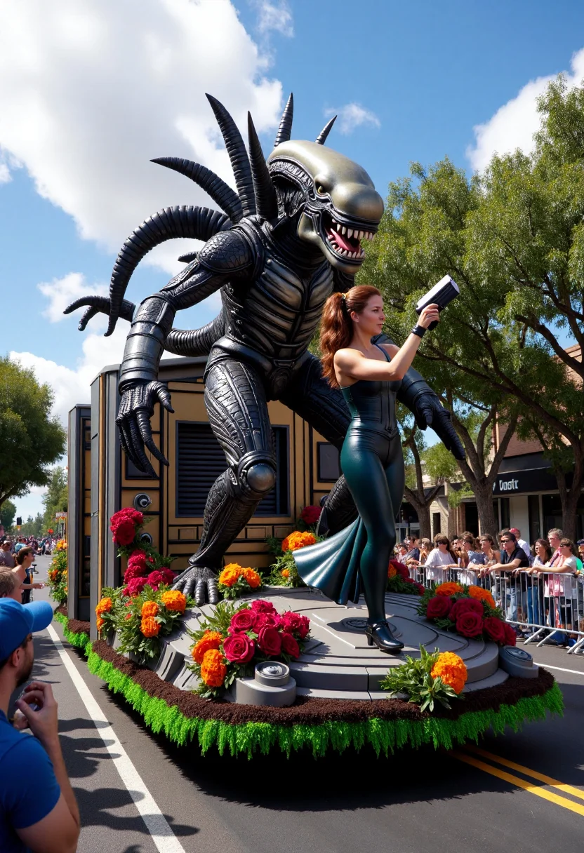 <lora:Parade_Float_Fashioner_FLUX-000005:0.8>
The image is a photograph capturing a vibrant, elaborate "Xenomorph chasing Ripley in a space station" themed parade float.