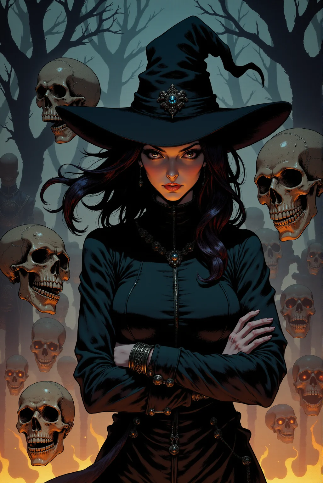 <lora:FANCHA_v.4:0.9> Fancha style. This captivating scene centers on a dark and mysterious sorceress, her piercing gaze locking the viewer into her enigmatic presence. She wears a wide-brimmed black hat, its shadow casting a dramatic line across her intense expression. Her long, dark hair cascades down in loose waves, flowing with an almost ethereal quality, catching the subtle light of an unseen source. Clad in a dark leather coat, adorned with intricate detailing, her arms are crossed in a pose of quiet confidence, suggesting mastery over the eerie domain around her. Surrounding her are floating skulls, their hollow eyes seemingly fixed on her, as if drawn by her power. The skulls, aged and cracked, drift in the smoky air, lit from below by an ominous, fiery glow that illuminates the swirling embers and ash rising from the ground. Behind her, faint figures emerge from the shadows, skeletal warriors with swords raised in silent march, adding to the feeling of dread and supernatural command. The background is shrouded in deep blues and greys, with twisted trees and creeping fog stretching into the distance, creating a sense of foreboding and isolation. The art style leans toward a graphic novel approach, with bold outlines and a limited color palette that enhances the dark, moody atmosphere. The sharp contrasts between light and shadow create a chiaroscuro effect, with the fiery glow highlighting the textures of the sorceress’s garments and the sinister details of the skulls. The entire scene evokes a sense of arcane power and looming danger, as though the sorceress is on the verge of summoning something ancient and terrifying from the underworld.