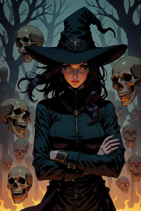 <lora:FANCHA_v.4:0.9> Fancha style. This captivating scene centers on a dark and mysterious sorceress, her piercing gaze locking the viewer into her enigmatic presence. She wears a wide-brimmed black hat, its shadow casting a dramatic line across her intense expression. Her long, dark hair cascades down in loose waves, flowing with an almost ethereal quality, catching the subtle light of an unseen source. Clad in a dark leather coat, adorned with intricate detailing, her arms are crossed in a pose of quiet confidence, suggesting mastery over the eerie domain around her. Surrounding her are floating skulls, their hollow eyes seemingly fixed on her, as if drawn by her power. The skulls, aged and cracked, drift in the smoky air, lit from below by an ominous, fiery glow that illuminates the swirling embers and ash rising from the ground. Behind her, faint figures emerge from the shadows, skeletal warriors with swords raised in silent march, adding to the feeling of dread and supernatural command. The background is shrouded in deep blues and greys, with twisted trees and creeping fog stretching into the distance, creating a sense of foreboding and isolation. The art style leans toward a graphic novel approach, with bold outlines and a limited color palette that enhances the dark, moody atmosphere. The sharp contrasts between light and shadow create a chiaroscuro effect, with the fiery glow highlighting the textures of the sorceressâs garments and the sinister details of the skulls. The entire scene evokes a sense of arcane power and looming danger, as though the sorceress is on the verge of summoning something ancient and terrifying from the underworld.