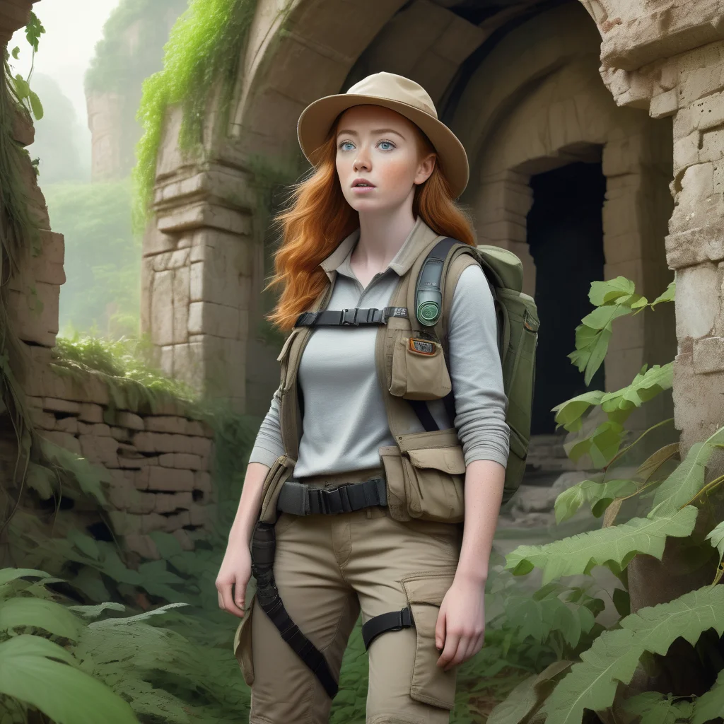 <lora:sophie-molgrin_xl:0.75> sophie-molgrin exploring an ancient, mystical ruin. Sheâs outfitted in practical explorer gearâcargo pants, a utility vest with multiple pockets, and a wide-brimmed hat. Her face is a mix of awe and curiosity as she examines an old artifact. The background features crumbling stone walls covered in vines and overgrown vegetation.