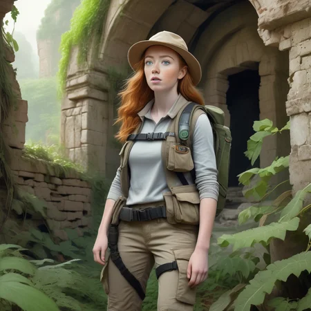 <lora:sophie-molgrin_xl:0.75> sophie-molgrin exploring an ancient, mystical ruin. Sheâs outfitted in practical explorer gearâcargo pants, a utility vest with multiple pockets, and a wide-brimmed hat. Her face is a mix of awe and curiosity as she examines an old artifact. The background features crumbling stone walls covered in vines and overgrown vegetation.