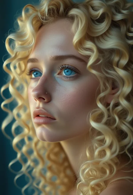 2d, A melancholic profile of a young woman with cascading blonde curls, her pale skin and sad, tear-filled blue eyes capturing a deep sense of longing, her small nose and full lips contributing to her fragile beauty., highly detailed, Shiny, Accent lighting, Turquoise, sad atmosphere <lora:usual-portrait-v2:1>