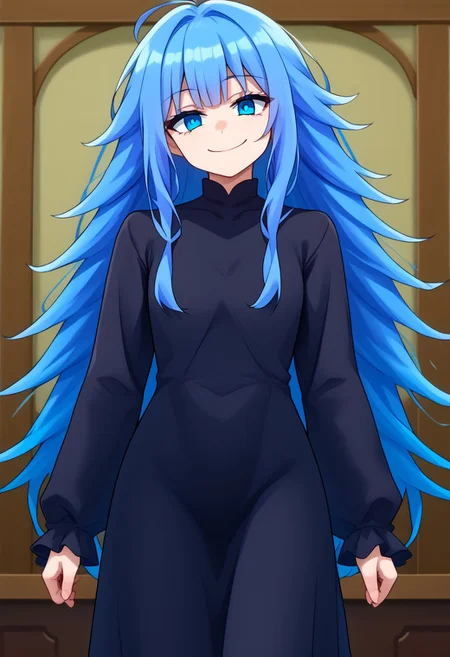 1girl, solo, charlotte_wraith, blue eyes, blue hair, long hair, black dress, dress, long dress, long sleeves, juliet sleeves, long messy hair, @ @, front view, looking at viewer, head tilt, cheesy smile,, highly detailed, freebos_smoothiestyle,
absurdres, high quality, score_7_and_up