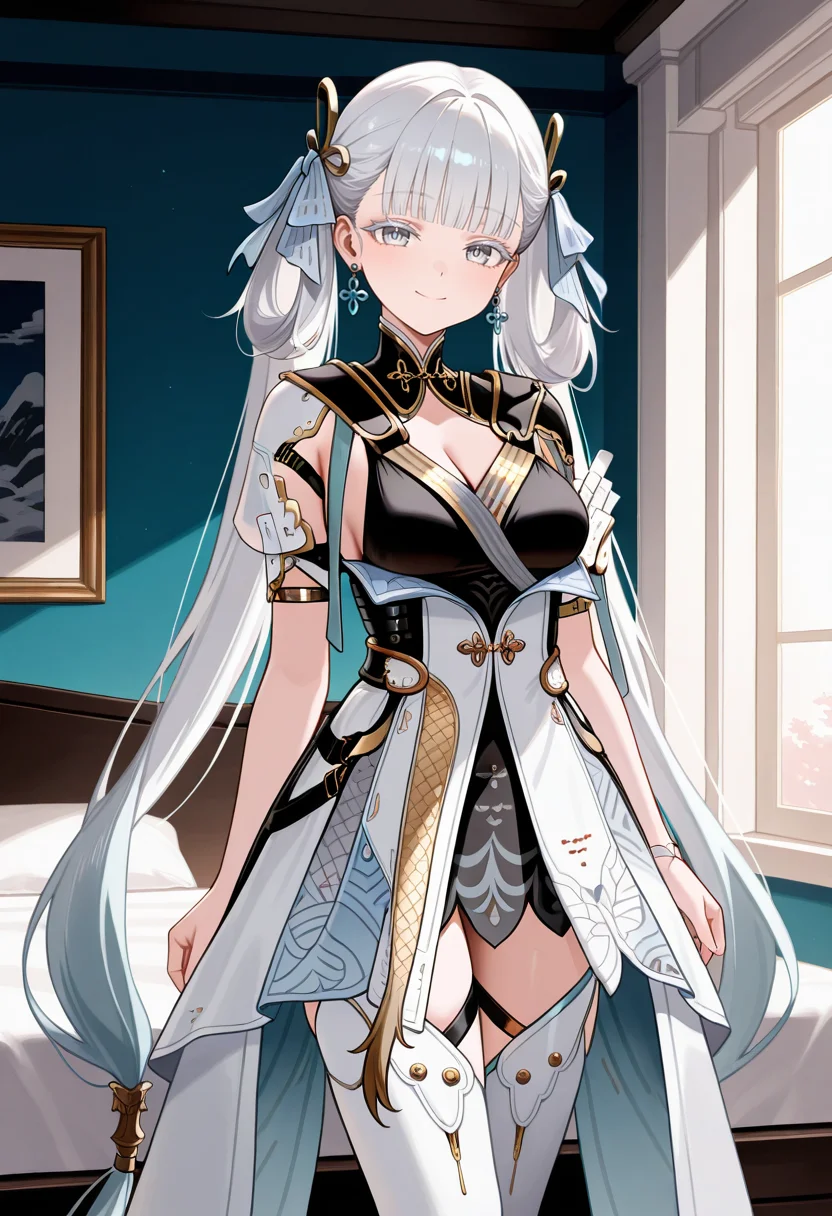 masterpiece,best quality,amazing quality,very aesthetic,absurdres,newest ,
bedroom, cowboy shot, colored eyelashes, looking at viewer, ((blue earrings)), standing, smile,
jinshiil, 1girl, long hair, dress, grey eyes, jewelry, earrings, twintails, very long hair, hair ornament, ribbon, grey hair, white thighhighs, hair ribbon, blunt bangs, white dress, short sleeves, thigh boots, cleavage, black dress,
<lora:jinshiIL-07:1>