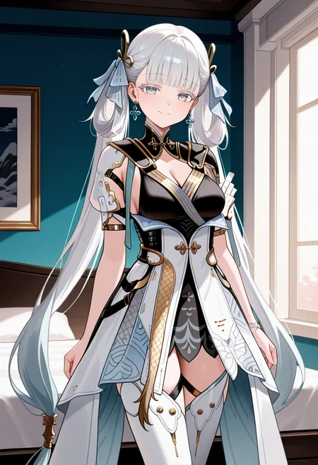 masterpiece,best quality,amazing quality,very aesthetic,absurdres,newest ,
bedroom, cowboy shot, colored eyelashes, looking at viewer, ((blue earrings)), standing, smile,
jinshiil, 1girl, long hair, dress, grey eyes, jewelry, earrings, twintails, very long hair, hair ornament, ribbon, grey hair, white thighhighs, hair ribbon, blunt bangs, white dress, short sleeves, thigh boots, cleavage, black dress,
<lora:jinshiIL-07:1>