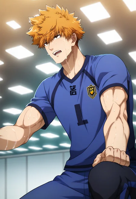 1boy, male focus,
<lora:Character_-_Blue_Lock_-_Rensuke_Kunigami:1> rensuke, brown eyes, orange hair
((zPDXL)), score_9_up, score_8_up, score_7_up, score_6_up, score_5_up, score_4_up, best quality, amazing quality, best aesthetic, absurdres, year2023, nsfw, game cg, official art, official style, uncensored,
soccer uniform, soccer field, blue shirt, indoors, sweat, very sweaty, muscular, muscular male,
