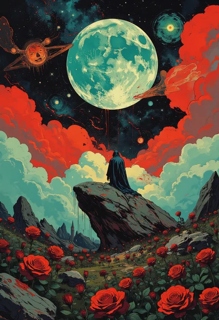 Vector art, <lora:Hyper-FLUX.1-dev-8steps-lora:0.125>, <lora:detailed city by Kanto:0.5>, detailed field,A field full of black roses during a novaburst with the sky lit up in red and teals, Stars and a nebula shining through,<lora:NeoPigma:0.35>, NeoPigma,<lora:ck-shadow-circuit:0.35>,in the style of cksc, <lora:FLUX-daubrez-DB4RZ-v2:0.3>,DB4RZ, <lora:Luminous_Shadowscape:0.3>,<lora:CPA:0.5> an air of melancholic reverie, ensconced amidst a phantasmagoric bloom of chromatic hues.((A bleeding moon with an evil face)) Rendered in a style redolent of Impressionism, the painting utilizes a vibrant, high-key palette dominated by ethereal blacks and punctuated by strokes of chrome and gold. Position the subject on a rock, suspended amidst a riotous profusion of sharp rocks, The camera angle should be slightly low, lending an air of gentle ascension to the composition. The background should dissolve into an abstract symphony of cold blues suggestive of a radiant, moon-drenched night. The overall ambiance should evoke a sense of ephemeral beauty, tinged with a whisper of wistfulness. Symbolist chiaroscuro, tenebrist, volumetric lighting, subtle halation, high-contrast, film grain, lime green color grading, high dynamic range, S-curve gamma
