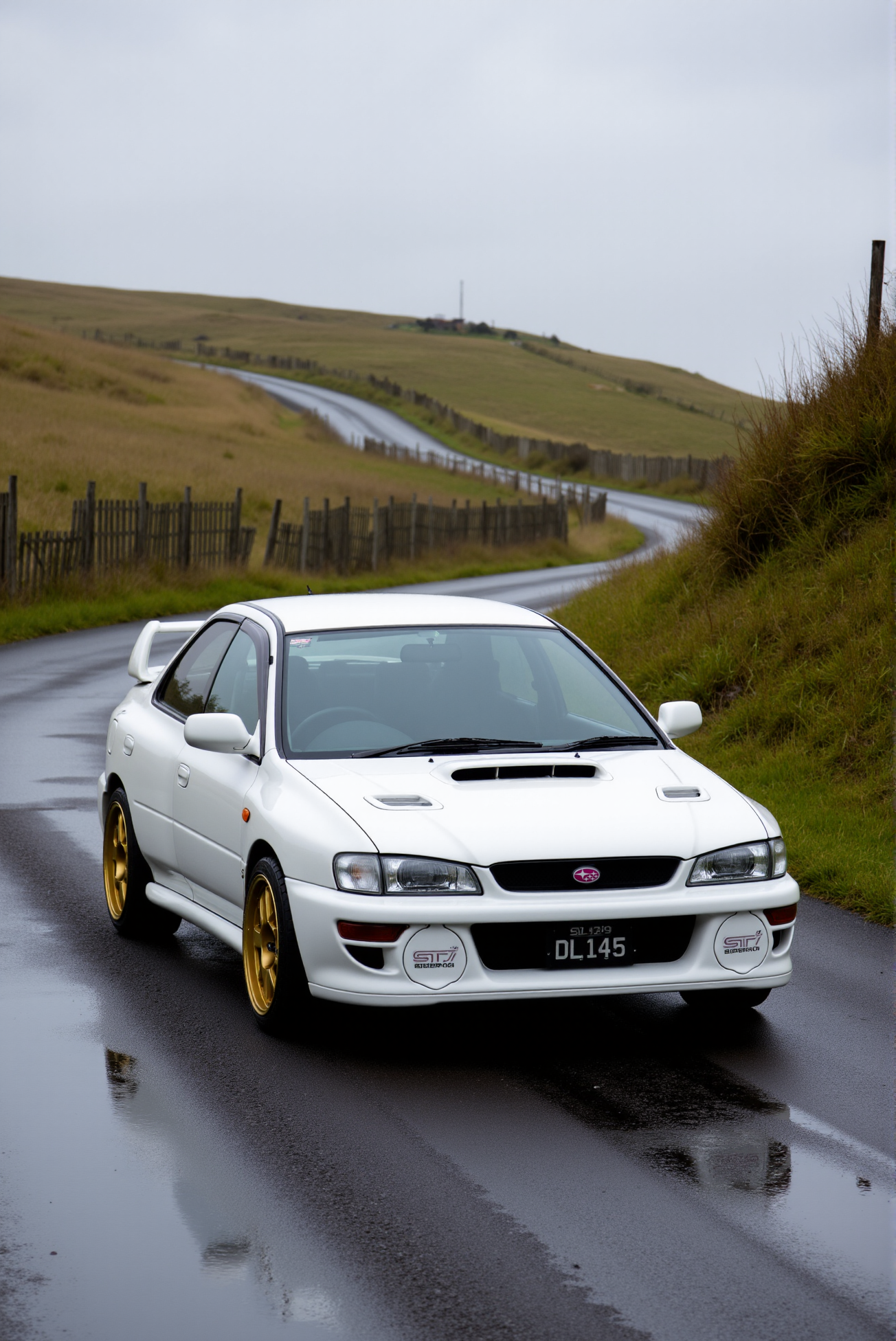 <lora:Subaru_Impreza_WRX_STI_22b:0.8>
A pearl white Subaru Impreza WRX STI 22B positioned at a subtle angle on a damp, winding countryside road framed by grassy slopes and weathered wooden fencing under a cloudy grey sky. The vehicle's rally DNA is expressed through pronounced gold BBS wheels, hood-mounted air intake, front fog lamps with clear lenses, and a (pink Subaru badge embedded in the black honeycomb grille). The number plate reads "DL 145" in bold black type. Glistening road textures echo the moisture in the air, while the soft diffused lighting creates elegant metallic reflections along the body lines. The aesthetic evokes classic rally lineage with a grounded, earthy realism, enriched by high-detail mud speckling and overcast luminance in a desaturated triadic palette.