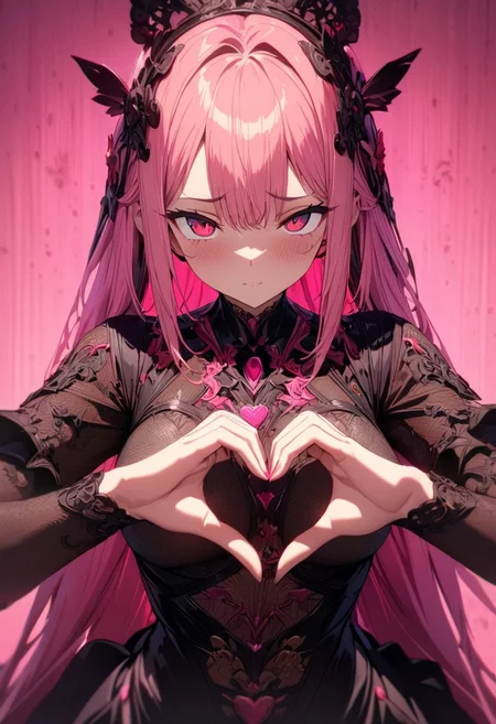 1girl, solo, wide shot, looking at camera, heart shaped hands, heart hands, cute, long hair, pink hair, pink ribbons, black lace bodysuit, eyeliner, cinematic, (masterpiece), (best quality), (ultra-detailed), very aesthetic, perfect composition, intricate details, absurdres, detailed face, (anime, masterpiece, intricate:1.3), (best quality, hires textures, high detail:1.2), (4k),(incredibly detailed:1.4), pink background, ambient lighting