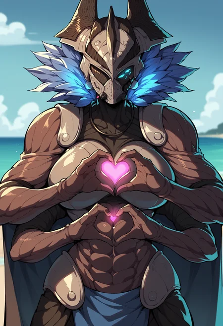 score_9, score_8_up, score_8, source_anime, 1girl, solo, <lora:Eramis:0.9> extra arms, muscular female, large breasts, helmet, cape, standing, armor, glowing, heart hands, upper body,
beach background, blurry background,