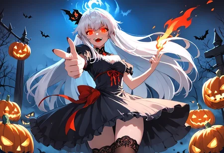 (masterpiece), (score_9, score_8_up, score_7_up,source_anime), 4K8K,
(from front), misty, steam, fog, Floating Halloween pumpkins,
halloween, halloween fantasy,
Japanese cute woman, (solo), (white sikin:1.3), vampirequeen, (finger gun, pointing at viewer:1.4), burning pumpkin, (dark aura:1.4), (smirk, half-opened mouth, Canine, tooth, fang1.2),
(medium figure:0.9), (pointy breasts:1.1),
(white hair, verry long hair), (red glowing eyes, slanted eyes:1.2),
(wearing vampire cos, dress, makeup, red and black dress, zettai ryouiki, thighhighs:1.2),
(BloforMB, red theme, scenery at dark night:1.3), elf ears,