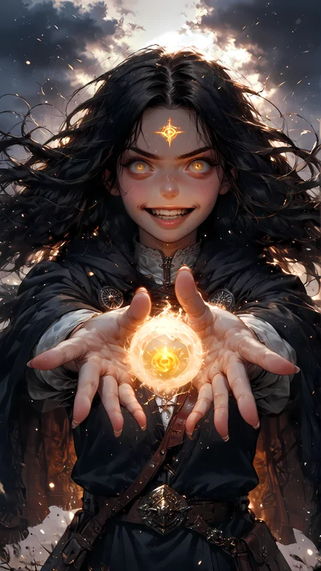 core_9, score_8_up, score_7_up, rating_safe,  dnd. d&d, wizard, human,
1girl, long hair, tied hair, black hair, yellow eyes, rune choker, small breasts, (reaching for viewer:1.2), pushing viewer, palms, smile, billowing fur cloak, wind blown hair, wide eyed, constricted pupils, blowing water, wind, dark clouds, haze, snowing, black coat, white bodice, open jacket,
view from front, leather satchel, leather belt, reaching towards viewer, dusk, arms, leather satchel, back glow, palm, glowing runes, raised fist, open arms, disgusted face, open mouth, bloodied face, hatred, constricted eyes, forehead rune,
<lora:Expressive_H:1> <lora:Vixons Pomy Styles Gothic Neon:.45> <lora:disgusted_face_xl_goofy:1> <lora:HKStyle_V3:1>  <lora:Fant5yP0ny:1>  <lora:Flash_Glowing_Runes_SDXL:1>