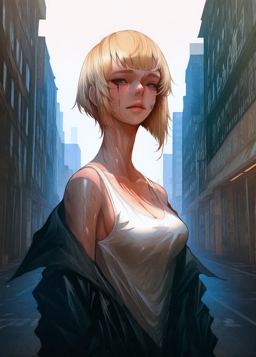 <lora:Wataboku_Style:1> by_wataboku, urban, sfw, masterpiece, best quality, good quality, very aesthetic, absurdres, newest, (Perfect details), <lora:USNR STYLE_XL_loha:0.3> <lora:spo_sdxl_10ep_4k-data_lora_webui:0.3> <lora:ponyv5_noobV065S_1_adamW:0.3> <lora:GBF_Illustrious:0.3> <lora:748cmSDXL:0.4>, 1girl, A-line haircut, large_teardrop_breasts, thicc body, black eyes, Dirty blonde hair