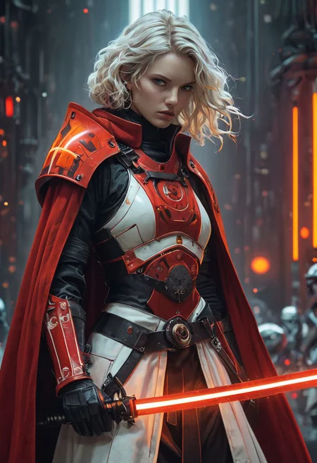 bdsm, collar cyberpunk Samurai jacket, (female, red pink slim skin:1.4), Large linen cape, (nice face, very angry:1.9), (bdsm harness, tight huge massive firm breasts:1.75), surrounded by a detailed spacescape with translucent dark-amber Highlights, (red neon, emissive), (yellow particules, hyper-detailed,:1.4) sharp, high resolution, high quality, 32K, Ultra realistic, HD, super detailed, line art, abstract style, (full body, shinny, wavy hair:1.5), (star wars inquisitor:1.65), (circle hard powerful red white orange fire neon light saber:1.8), (well formed five fingers hands on light saber:1.7)