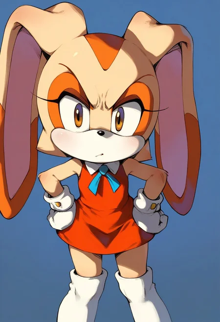 Cream The Rabbit, orange dress, long hair, judging, slightly upset, stern look, leaning forward, hands on hips, hips, white thigh highs(chibi:0.8), fur, detailed fur
score_9, score_8_up, score_7_up