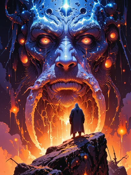 famous artwork, award-winning, hyper-realistic, digital illustration, highly aesthetic, gorgeous, stunning, beautiful, high resolution, uhd, 8k, 4k, dramatic, epic, meticulous, accurate, at night, dim lighting, golden ratio, from dynath-leen to oriab, welcomed by the twin beacons thon and thal, resume my journey towards ngranek, in this ninety eons old land of fire, after a long climb, in the fearsome iciness, i can finally see his face, stern and terrible shone that face, that the sunset lit with fire, engraved in black rock, he finally shows me the path i must follow, chittering horrors, forbidden tome, unholy resonance, sanity-draining whispers, hooded figure, ethereal light, a thousand eyes, frozen nightmare, neon hues, lovecraftian, cthulhu mythos, ovg, in the style of ck-ovf, amanoer, <lora:style-oneviolentfantasy-ep21-flux-by_chronoknight:0.84> <lora:style-retro_anime-flux-by_lizardman245:0.4> <lora:style-yoshitaka_amano-elden_ring-flux-by_alicient:0.48>