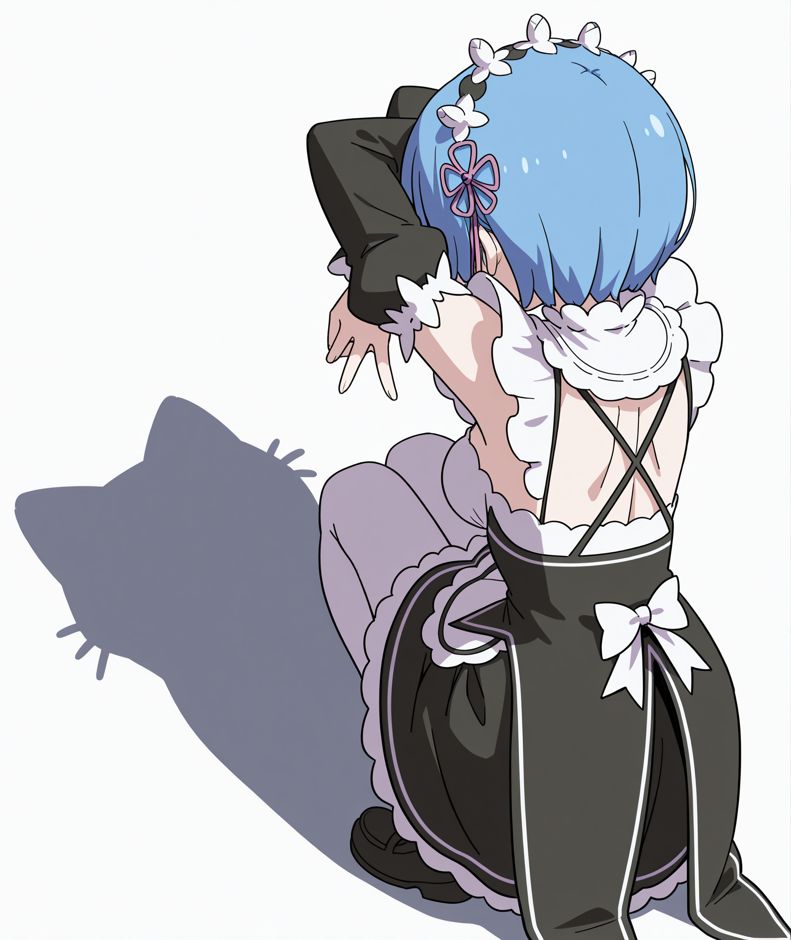 highres, absurdres, hi res, best quality, masterpiece, 2d, intricate details, 4k, anime coloring,
1girl, solo, female, blue hair, short hair, rem \(re:zero\), 
maid headdress, maid, maid apron, roswaal mansion maid uniform, detached sleeves, 
from behind, shadow, animal, parody, squatting, cat, meme, cat shadow puppet \(meme\), cat shadow puppet (meme), crossed arms, 
white background, <lora:Cat_Shadow_Puppet_(Concept)_ILXL:1>,