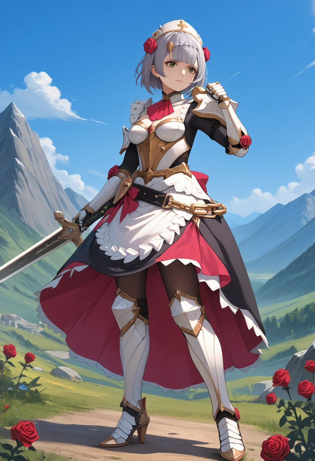 score_9, score_8_up, score_7_up, source_anime BREAK 1girl, solo, <lora:noelle-gi-richy-v1_pdxl:1> nldf, green eyes, grey hair, short hair, braid, blunt bangs, hair ornament, maid headdress, hair flower, red rose, pink ascot, breastplate, breasts, cleavage, bodystocking, shoulder armor, armored dress, single shoulder pad, white gauntlets, belt, maid apron, pantyhose, armored boots, high heel boots, full body, standing, greatsword, huge weapon, holding, fighting stance, mountain, fantasy, outdoors, blue sky, dynamic pose, looking at viewer, closed mouth, fehatk, full body, standing, black background, simple background <lora:feh-style-richy-v1_pdxl:1>