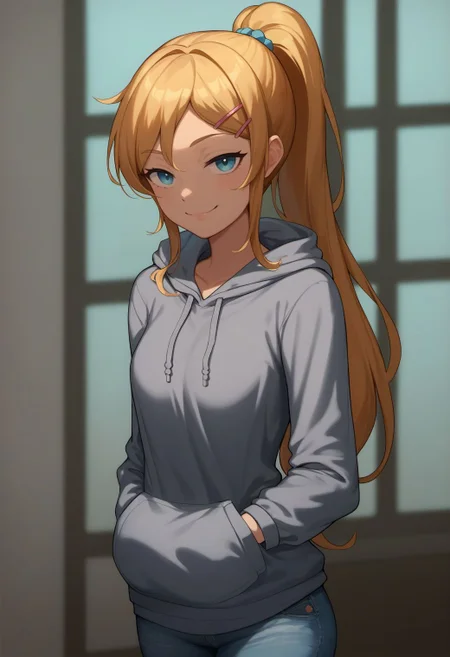 score_9, score_8_up, score_7_up, score_6_up,( sketch:0.6), flat color,
ha1ru, girl, solo, long hair, looking at viewer, smile, hair ornament, long sleeves, closed mouth, blue eyes, standing, ponytail, hairclip, indoors, hood, blond hair, hoodie, hood down, smug, grey hoodie, jeans,
<lora:fix_hands:1.5>
<lora:hairu_style_v11-000007:0.8>,