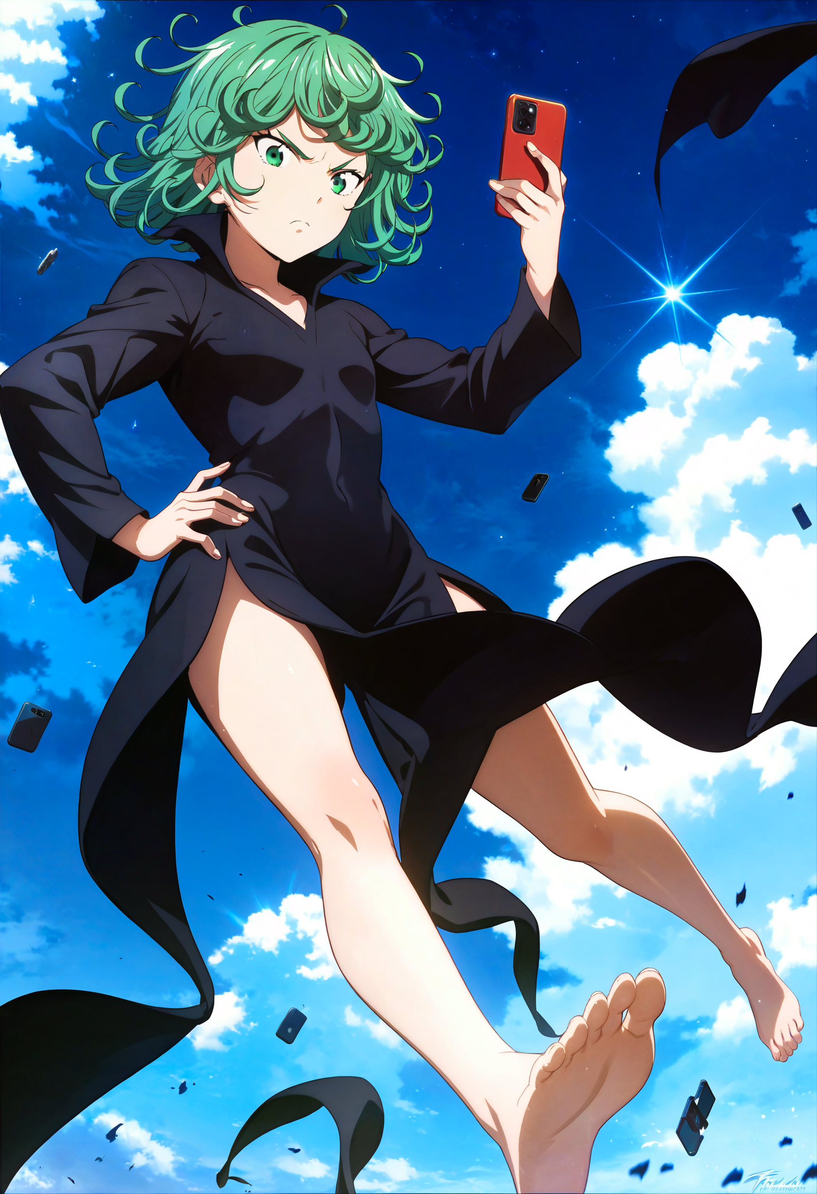 score_9,score_8_up,score_7_up,score_6_up,source_anime,<lora:MeMaXLV3_TypeB>,official art,tatsumaki,thin,petite,glaring,toned,from below,barefoot,sky,night,cloudy sky,wind,hands on own hips,holding phone,