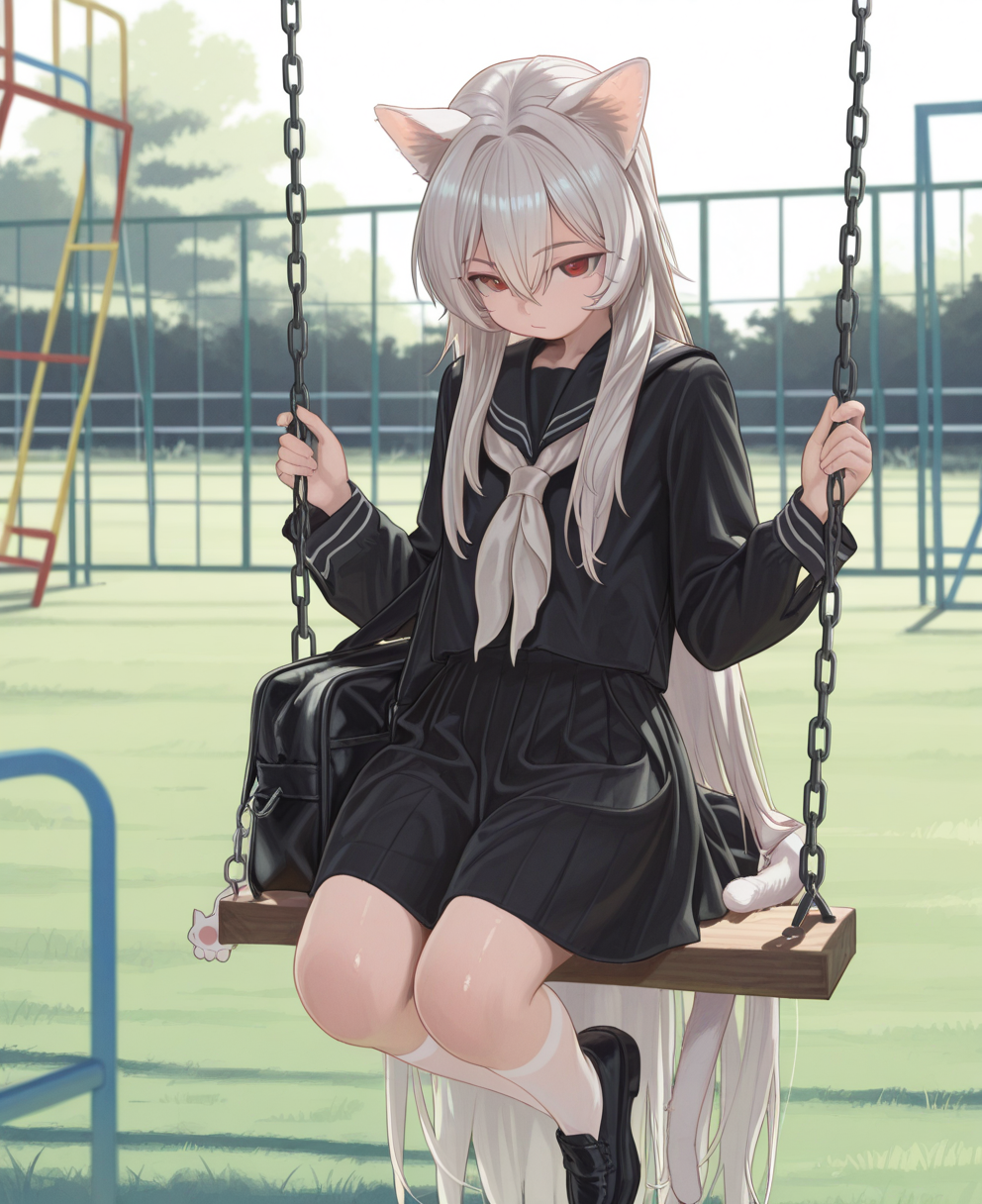 <lora:naruto05:1> naruto05,
(masterpiece), (best quality), (ultra-detailed), amazing quality, very aesthetic, illustration, perfect composition, intricate details, absurdres, incredibly absurdres, shiny skin, realistic,
 naruto05, 1girl, swing, animal ears, red eyes, solo, skirt, long hair, school uniform, serafuku, socks, black serafuku, white socks, white neckerchief, sailor collar, black skirt, black footwear, white hair, pleated skirt, long sleeves, cat ears, looking at viewer, black sailor collar, shoes, loafers, very long hair, neckerchief, sitting, shirt, outdoors, closed mouth, black shirt, hair between eyes, bag, fence, kneehighs, tail, cat girl, chain, playground, general